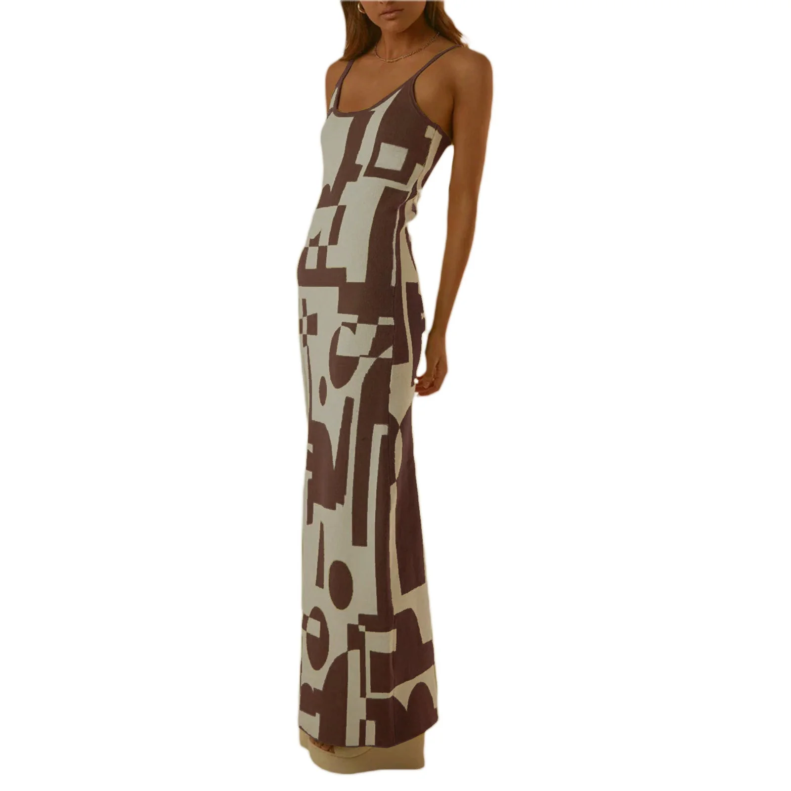 Women's Maxi Dress – Bodycon Fit – Spaghetti Straps – Abstract Print – Stretch Fabric - Image 2