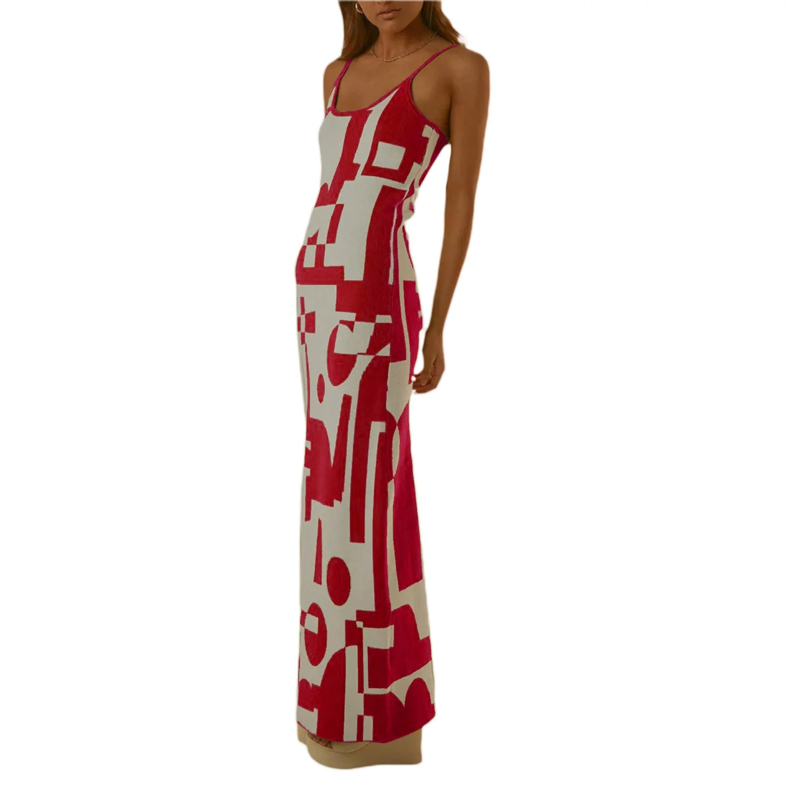 Women's Maxi Dress – Bodycon Fit – Spaghetti Straps – Abstract Print – Stretch Fabric - Image 6