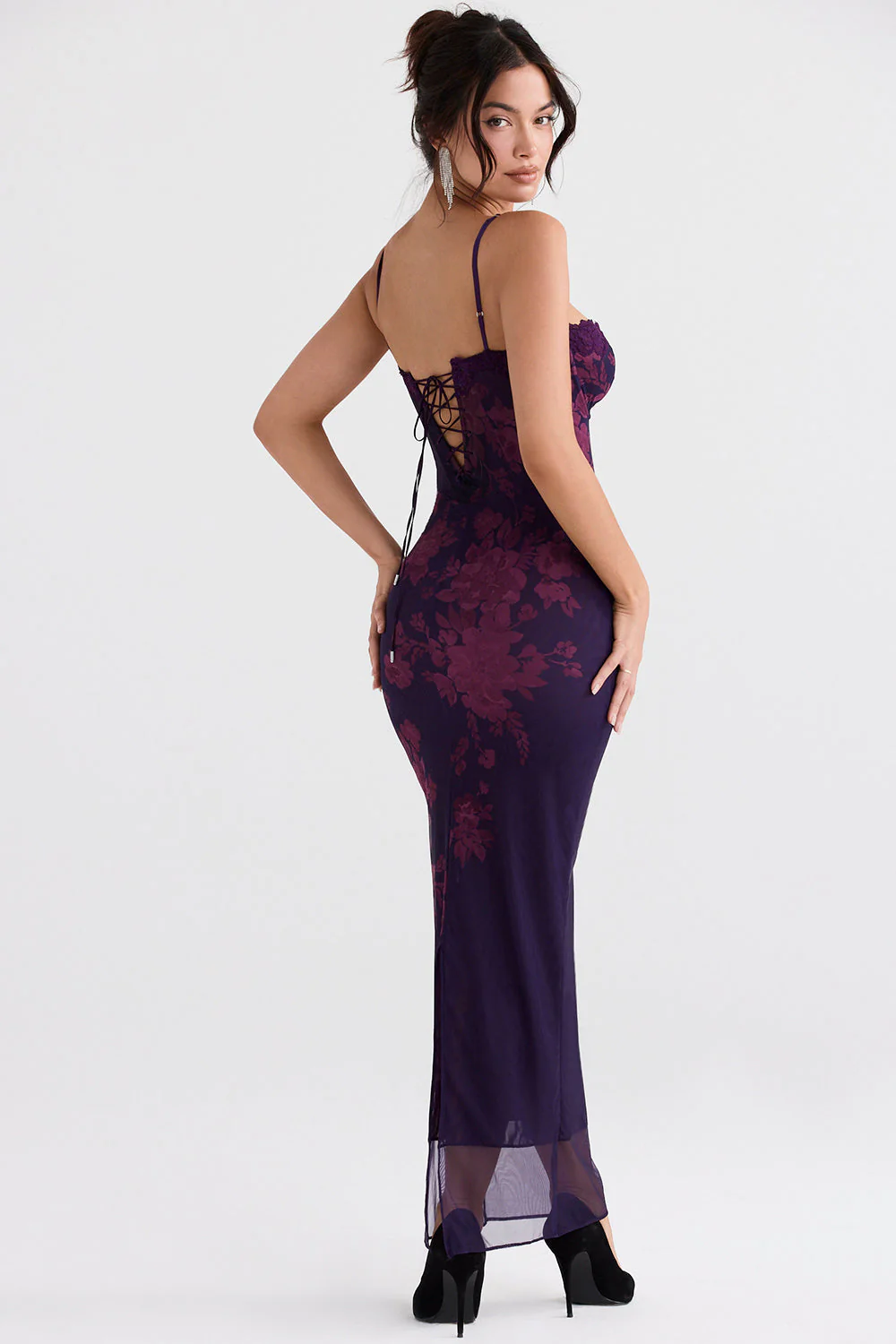 Women's Maxi Dress – Bodycon Fit – Spaghetti Straps – Lace-Up Closure – Floral Print - Image 2