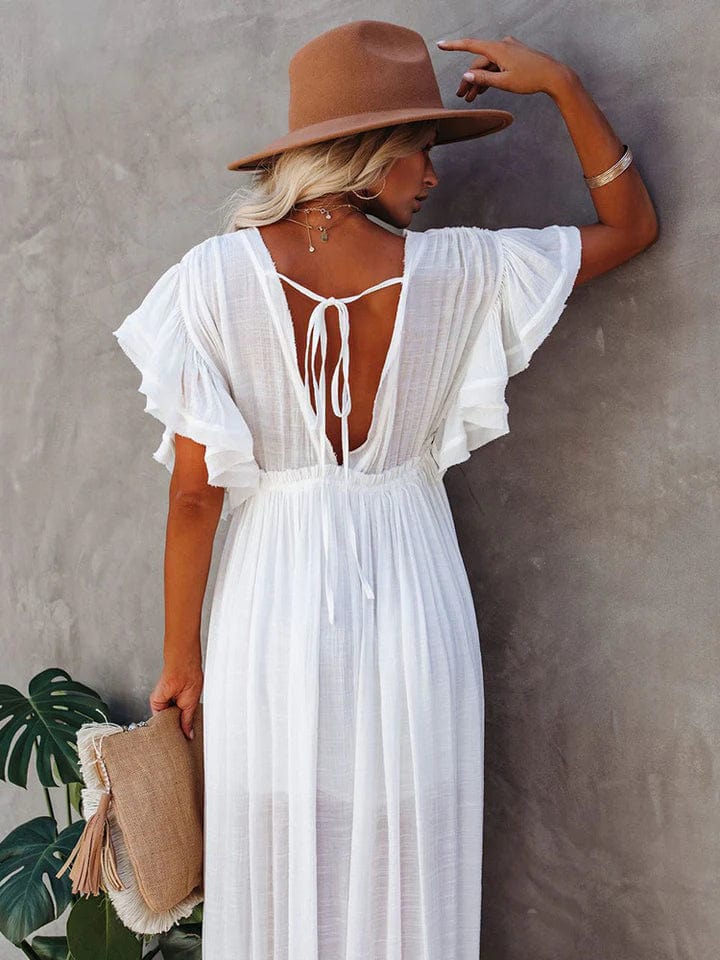 Ladies Maxi Dress – Boho Style – Flowy Fit – Puff Sleeves – V-Neck – Button Detail - Image 2