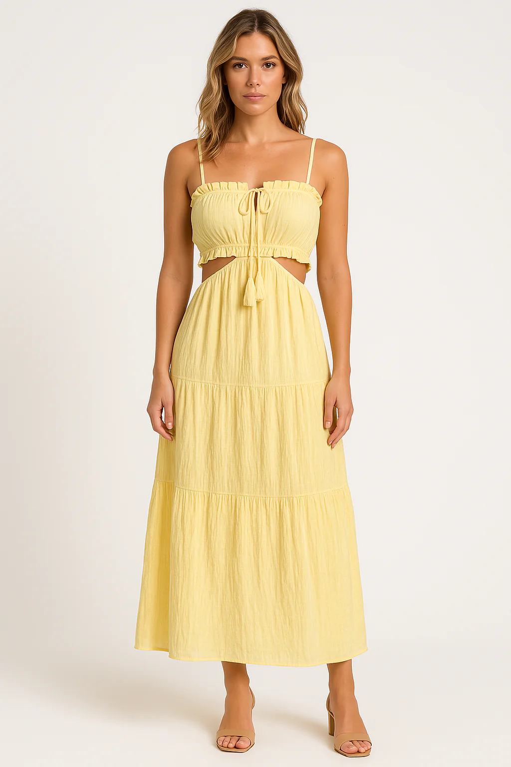 Women's Maxi Dress – Boho Style – Linen Cotton – Ruffles – Flowy Fit – Cut-Out Detail - Image 2