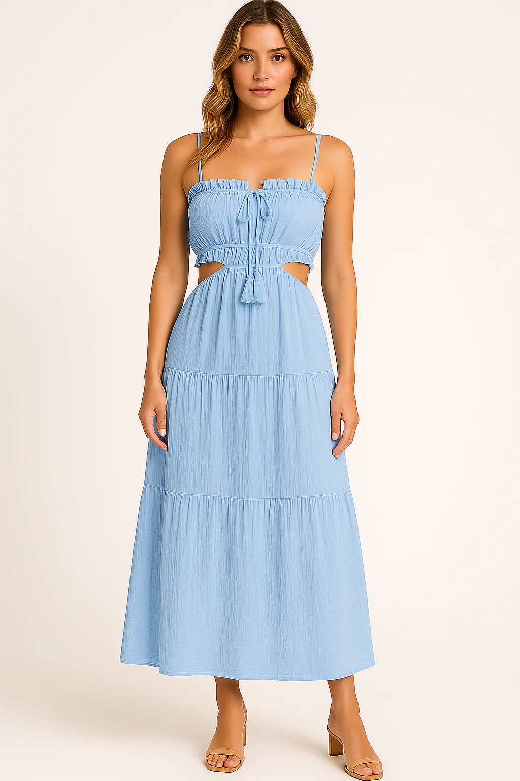 Women's Maxi Dress – Boho Style – Linen Cotton – Ruffles – Flowy Fit – Cut-Out Detail - Image 3