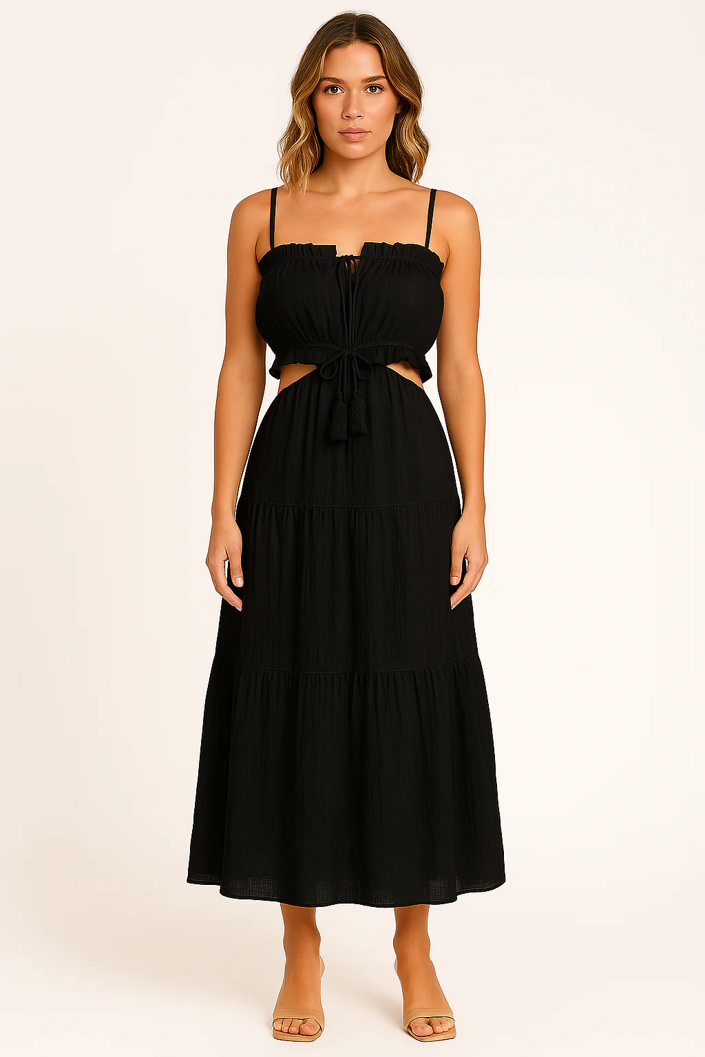 Women's Maxi Dress – Boho Style – Linen Cotton – Ruffles – Flowy Fit – Cut-Out Detail - Image 4