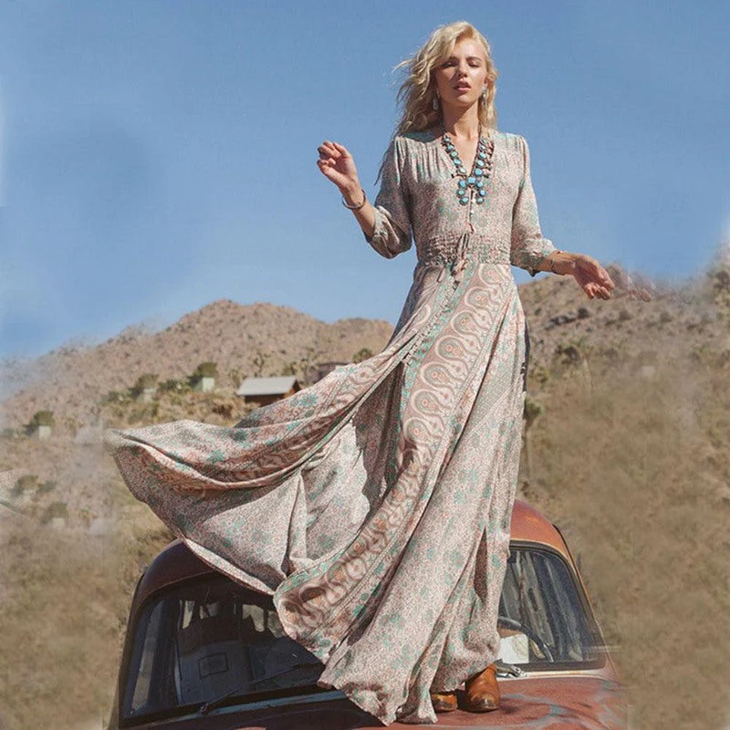 Women's Maxi Dress – Boho Style – Loose-Fitting – 3/4 Sleeve – V-Neck – Breathable Design - Image 2