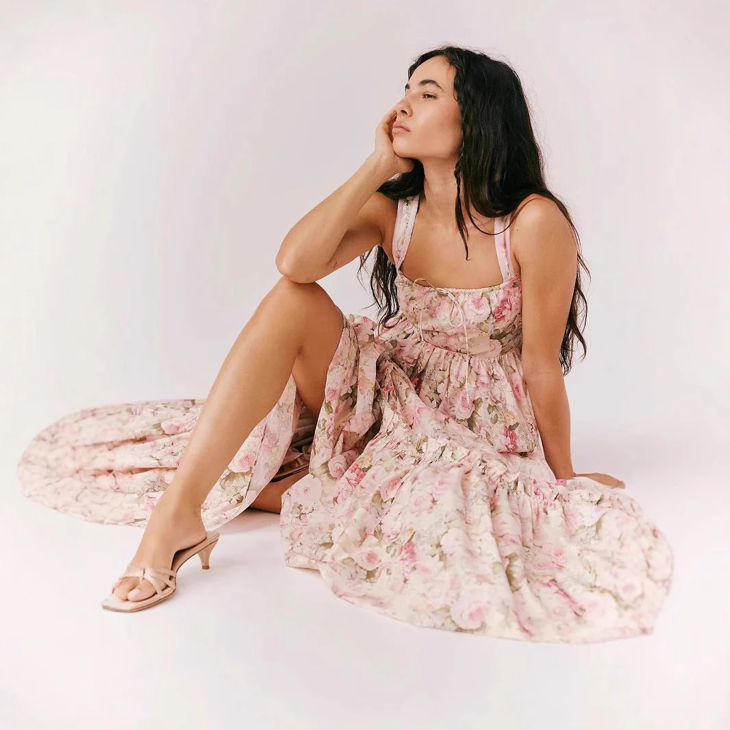 Ladies Maxi Dress – Chiffon – Bohemian Fit – Spaghetti Straps – Pleated Floral Print - Image 3