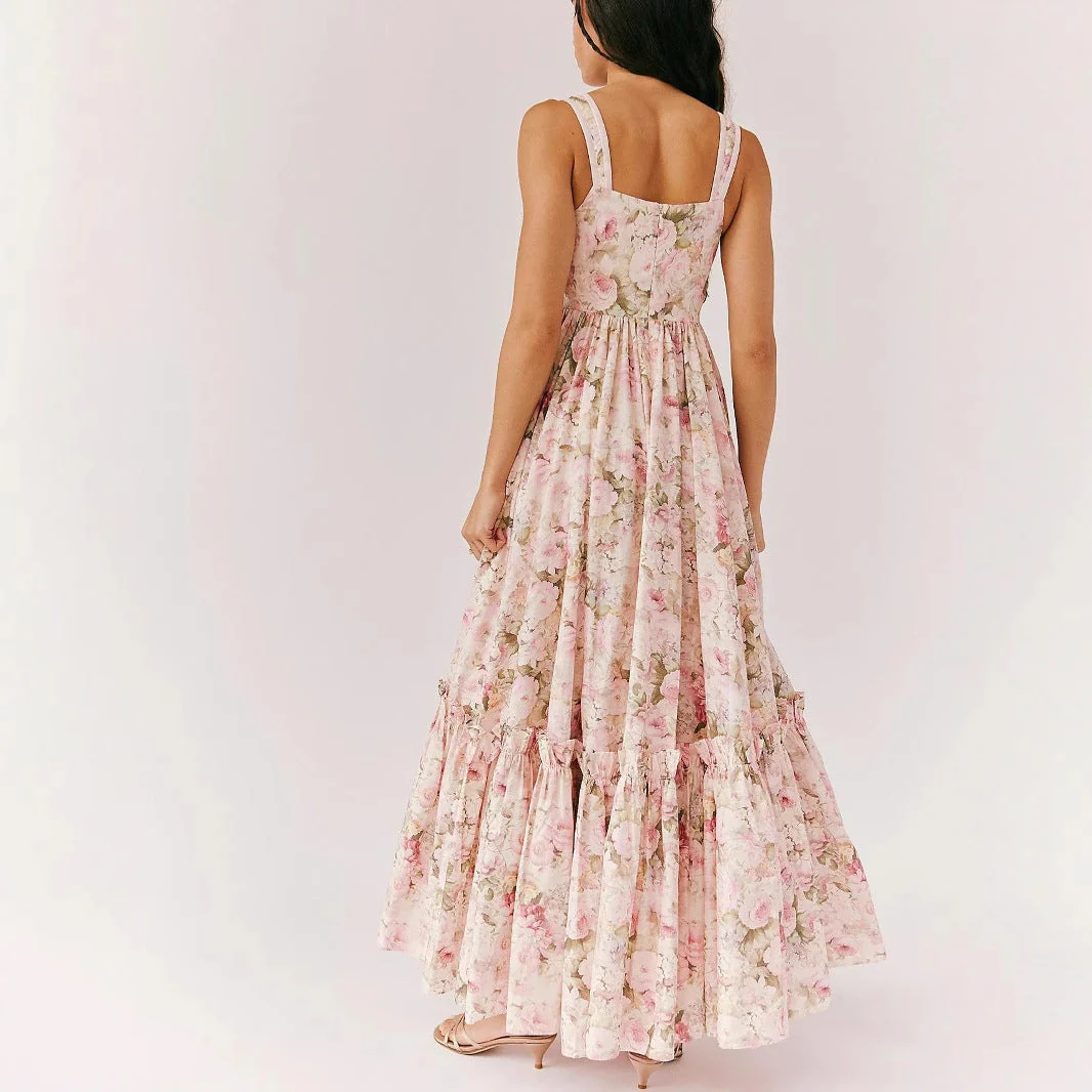 Ladies Maxi Dress – Chiffon – Bohemian Fit – Spaghetti Straps – Pleated Floral Print - Image 4