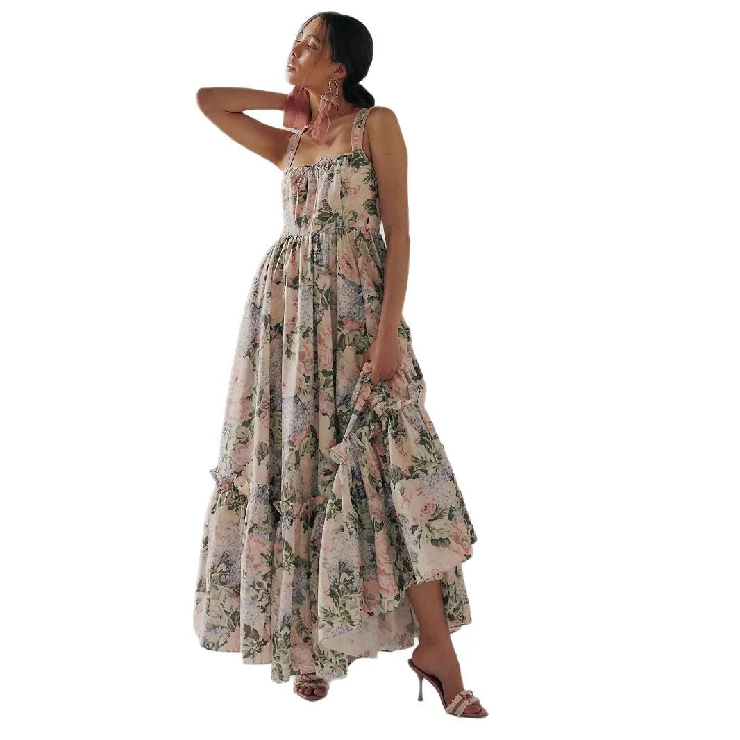 Ladies Maxi Dress – Chiffon – Bohemian Fit – Spaghetti Straps – Pleated Floral Print - Image 5