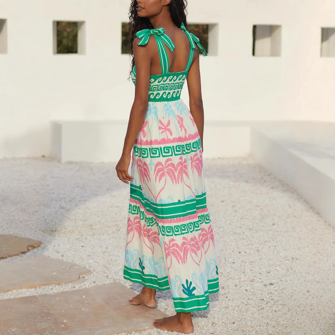 Ladies Maxi Dress – Cotton Mix – A-line Fit – Layered with Flowers and Geometric Pattern - Image 3