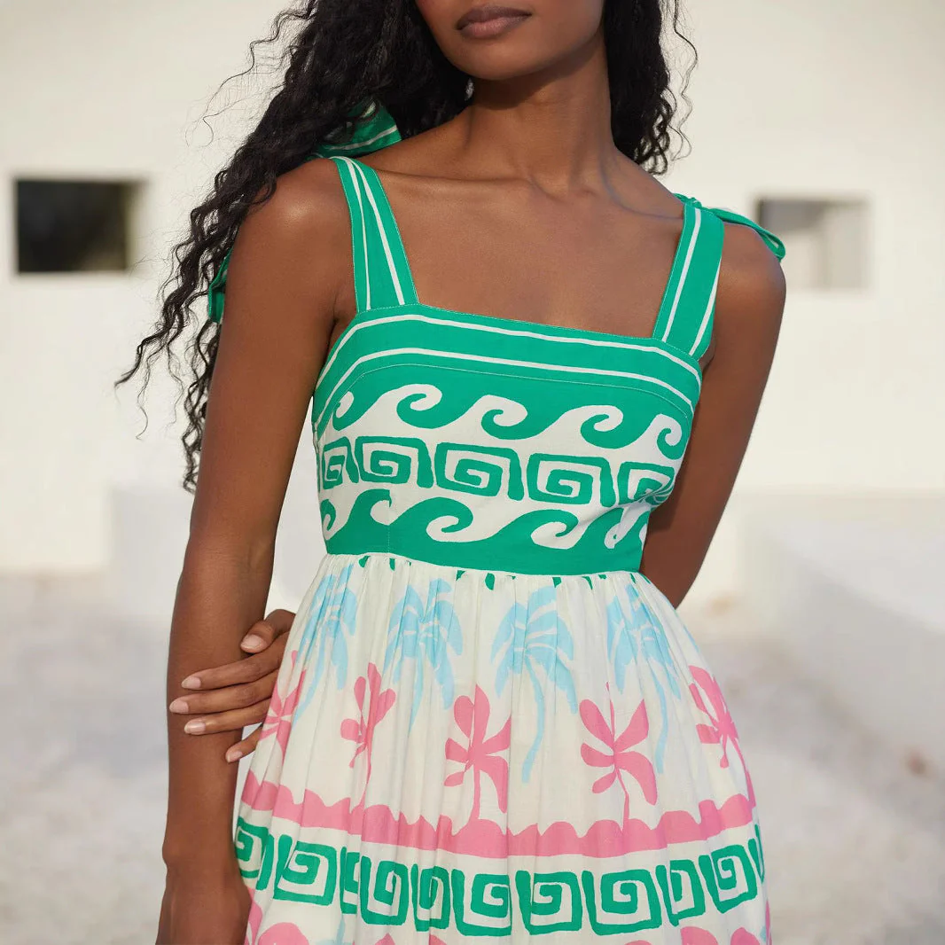 Ladies Maxi Dress – Cotton Mix – A-line Fit – Layered with Flowers and Geometric Pattern - Image 4