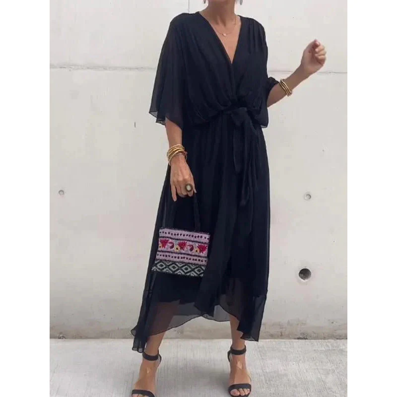 Ladies maxi-dress – Elegant batwing sleeves – Tie belt – Asymmetrical hem – Airy fit - Image 2