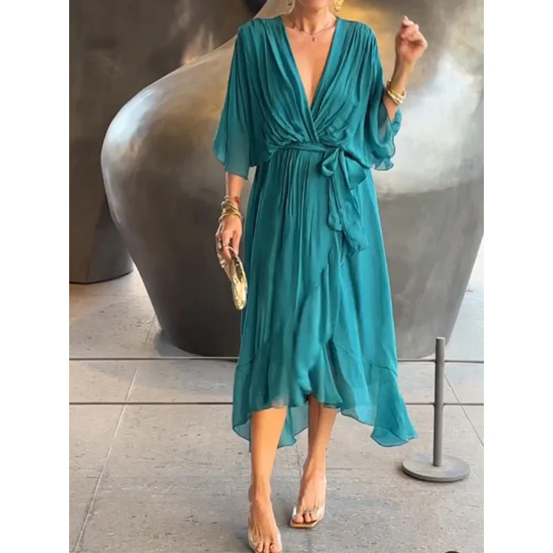 Ladies maxi-dress – Elegant batwing sleeves – Tie belt – Asymmetrical hem – Airy fit - Image 3