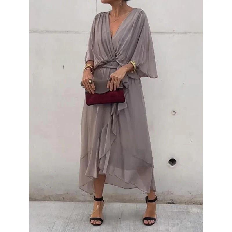 Ladies maxi-dress – Elegant batwing sleeves – Tie belt – Asymmetrical hem – Airy fit - Image 4