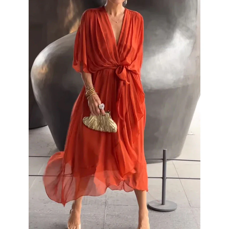 Ladies maxi-dress – Elegant batwing sleeves – Tie belt – Asymmetrical hem – Airy fit - Image 5