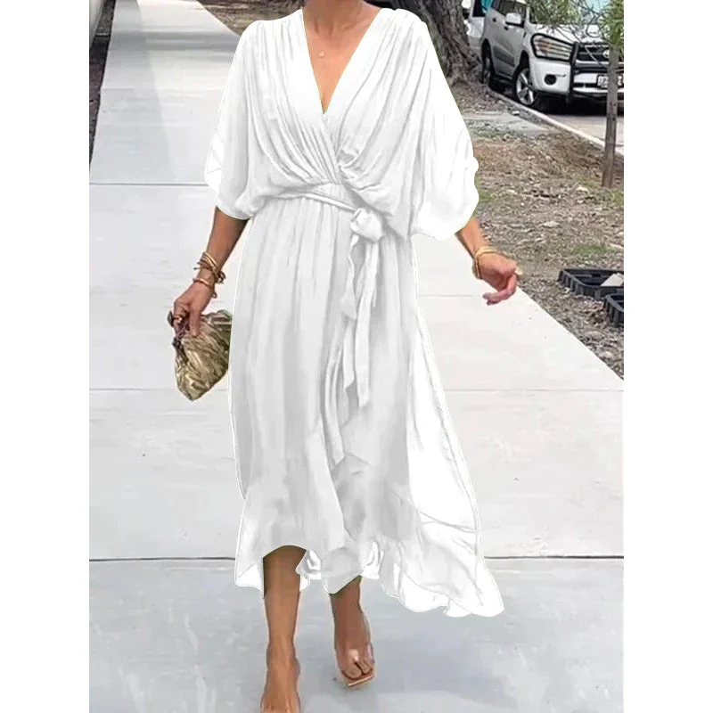 Ladies maxi-dress – Elegant batwing sleeves – Tie belt – Asymmetrical hem – Airy fit - Image 6