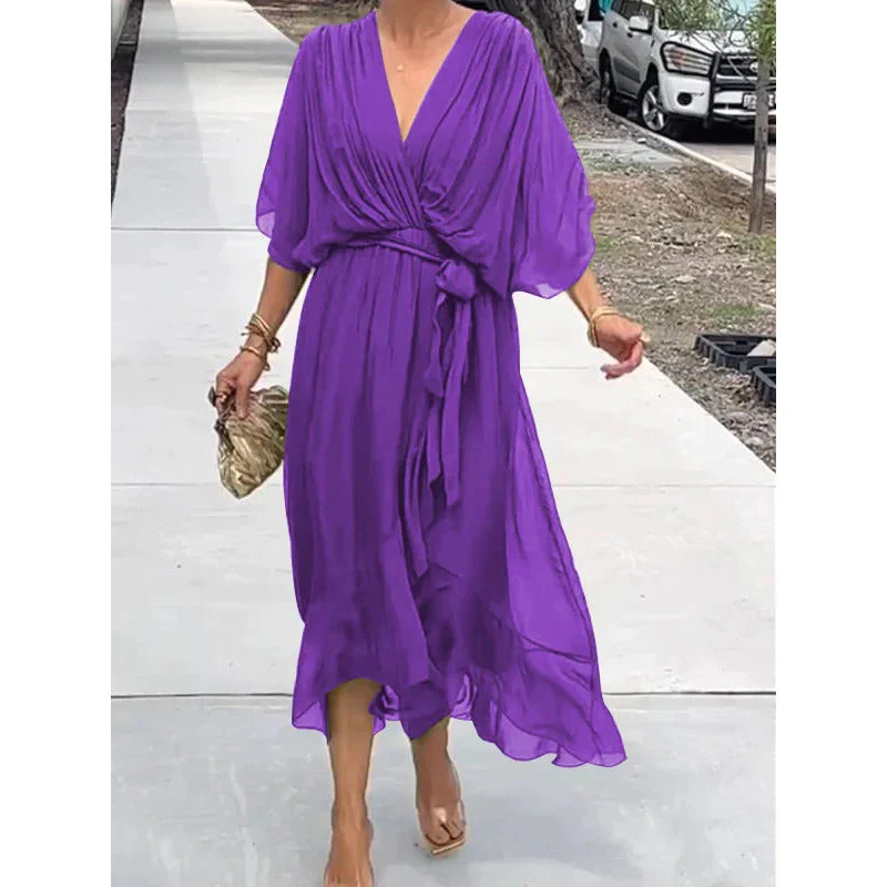 Ladies maxi-dress – Elegant batwing sleeves – Tie belt – Asymmetrical hem – Airy fit - Image 7