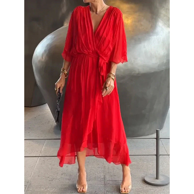 Ladies maxi-dress – Elegant batwing sleeves – Tie belt – Asymmetrical hem – Airy fit - Image 8