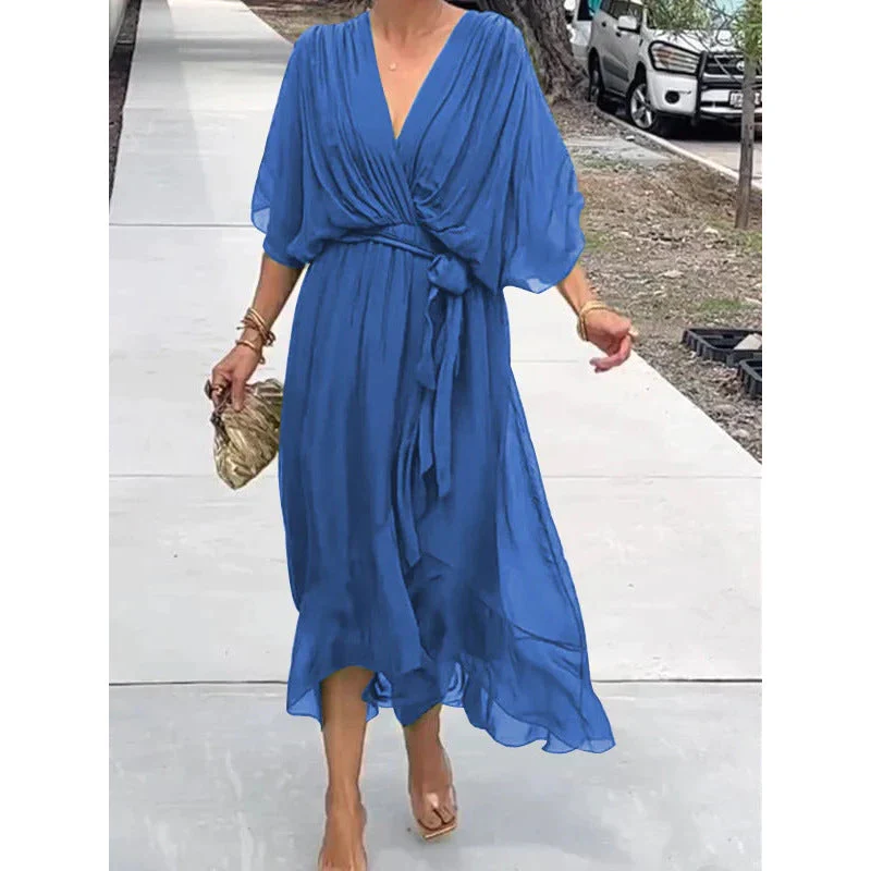 Ladies maxi-dress – Elegant batwing sleeves – Tie belt – Asymmetrical hem – Airy fit - Image 9