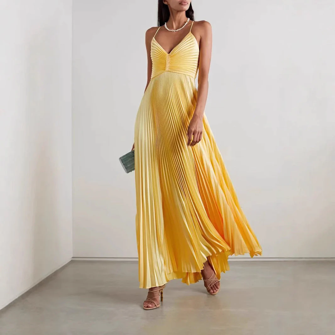 Ladies Maxi Dress – Elegant Fit – V-Neck – Spaghetti Straps – Pleated Skirt - Image 3