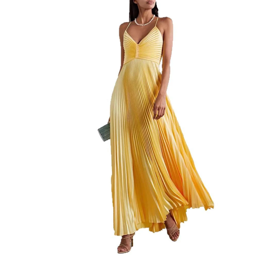 Ladies Maxi Dress – Elegant Fit – V-Neck – Spaghetti Straps – Pleated Skirt - Image 5