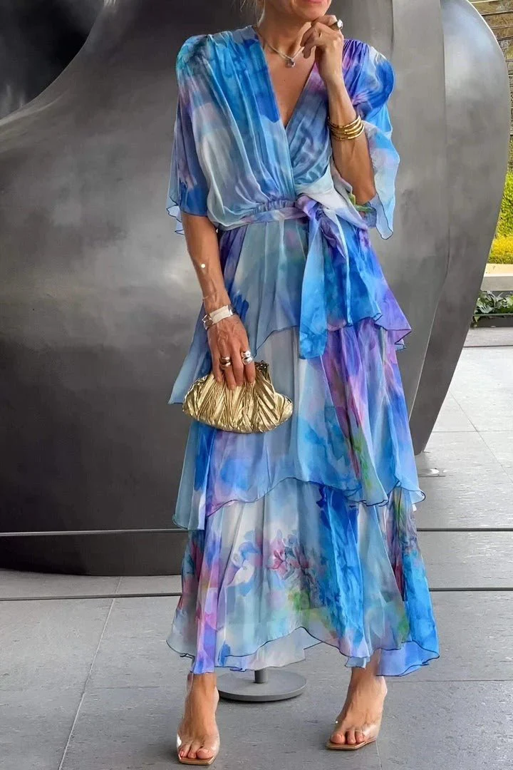 Ladies Maxi Dress – Elegant Fit – Wrap Style – Ruffled Skirt – Puff Sleeves - Image 2