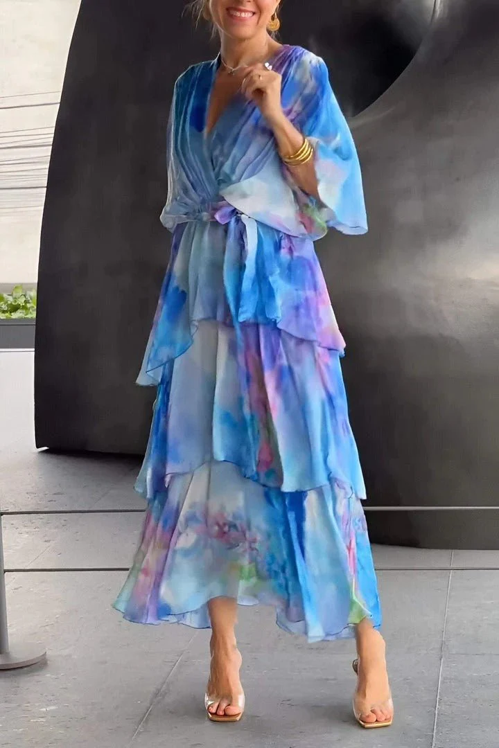 Ladies Maxi Dress – Elegant Fit – Wrap Style – Ruffled Skirt – Puff Sleeves - Image 3