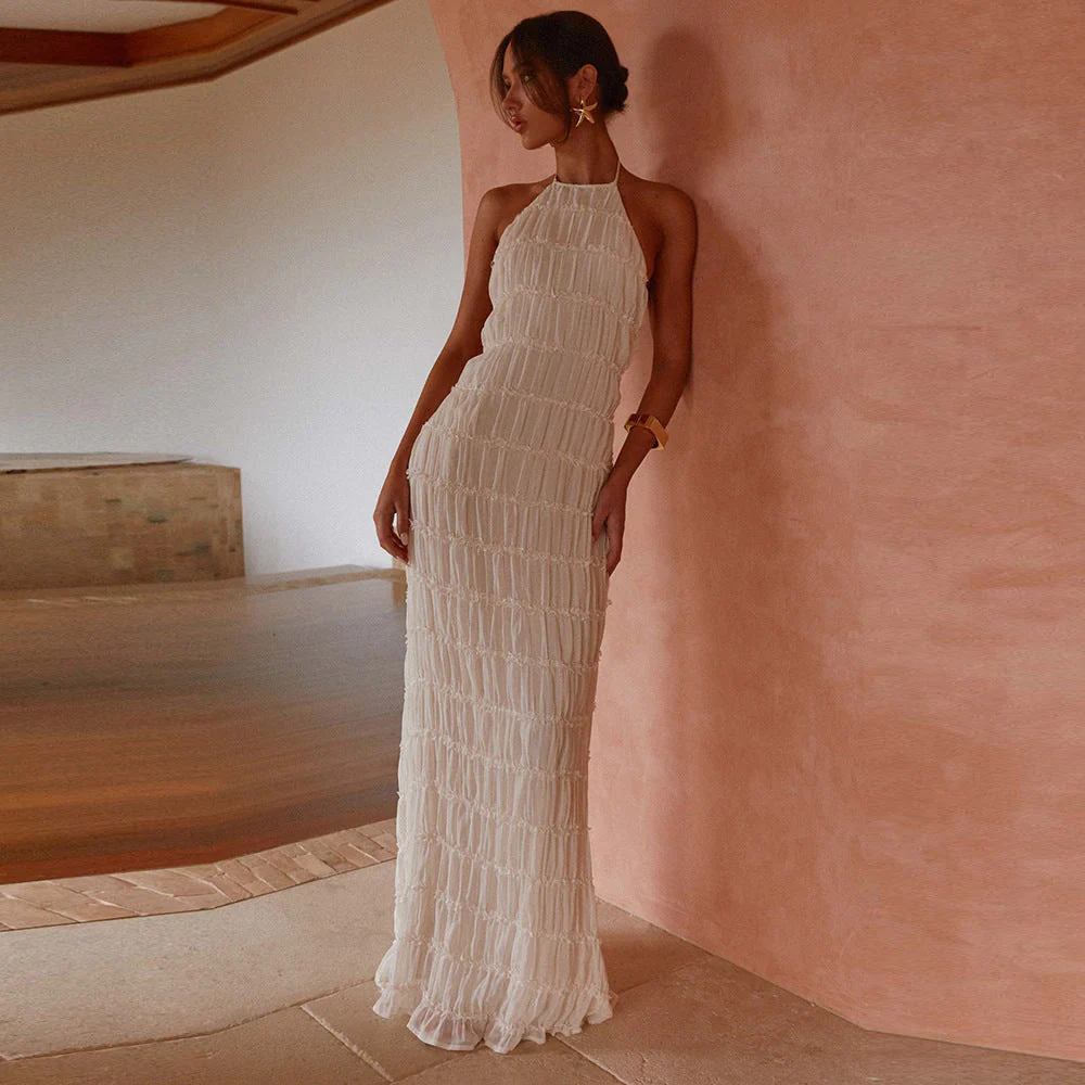 Ladies Maxi Dress – Figure-Hugging – Ruffles – Halter Neck – Open Back – Eveningwear - Image 3
