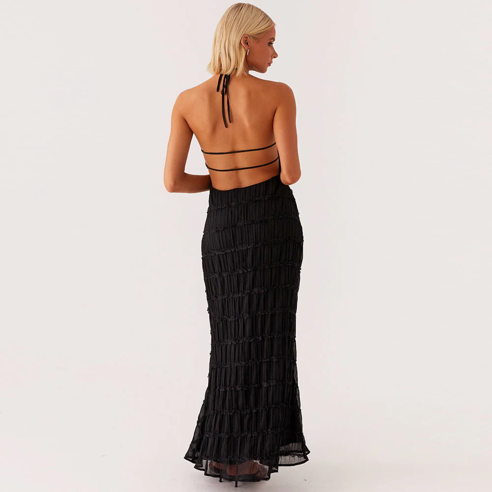 Ladies Maxi Dress – Figure-Hugging – Ruffles – Halter Neck – Open Back – Eveningwear - Image 6