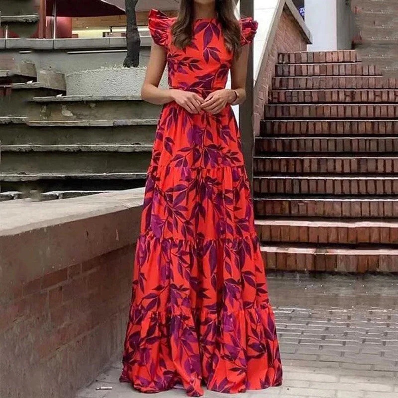 Women's Maxi Dress – Fit and Flare – Ruffle Sleeves – Layered Skirt – Cotton Look - Image 3