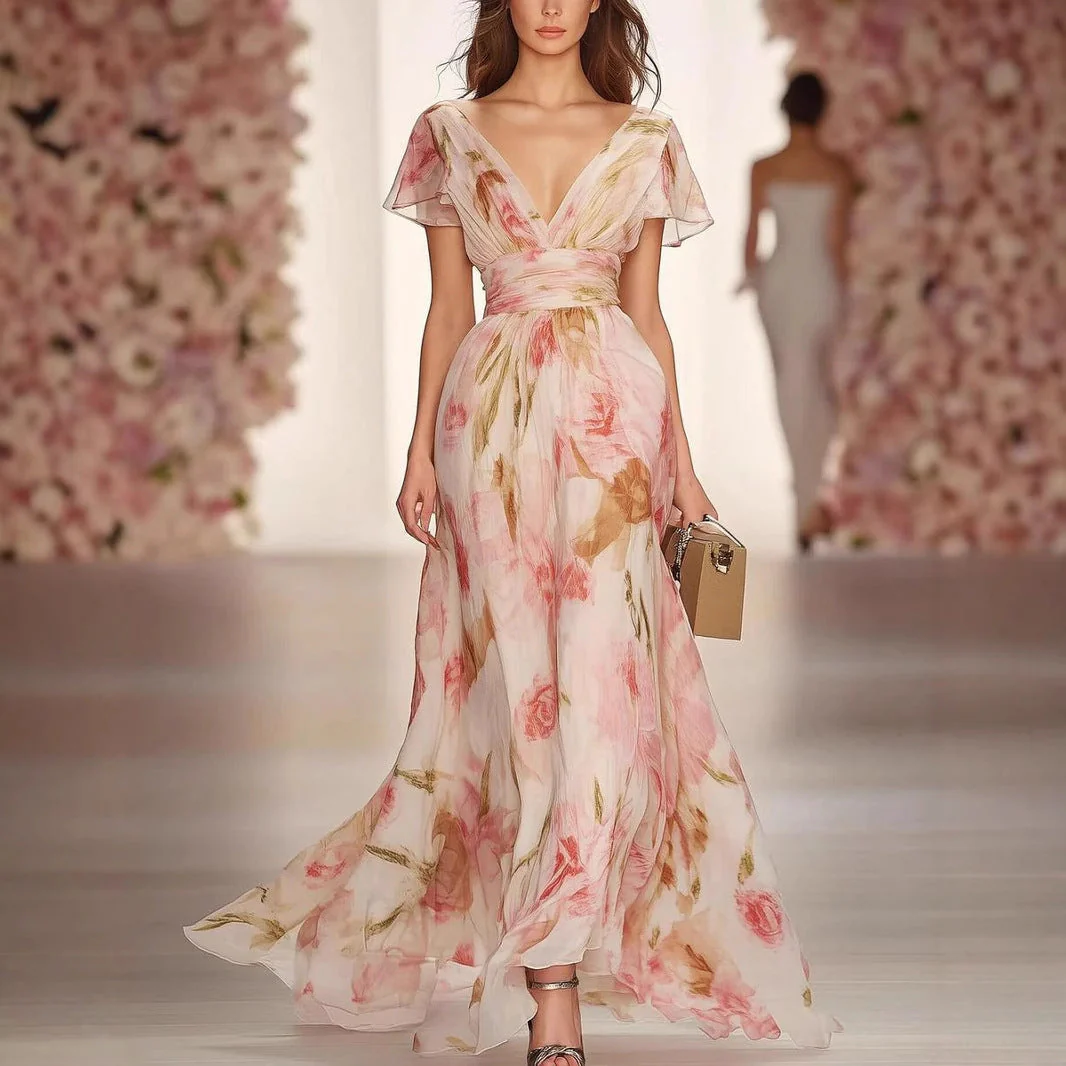Women's Maxi Dress – Fit and Flare – Deep V-Neck – Butterfly Sleeve – Elegant Floral Print - Image 2