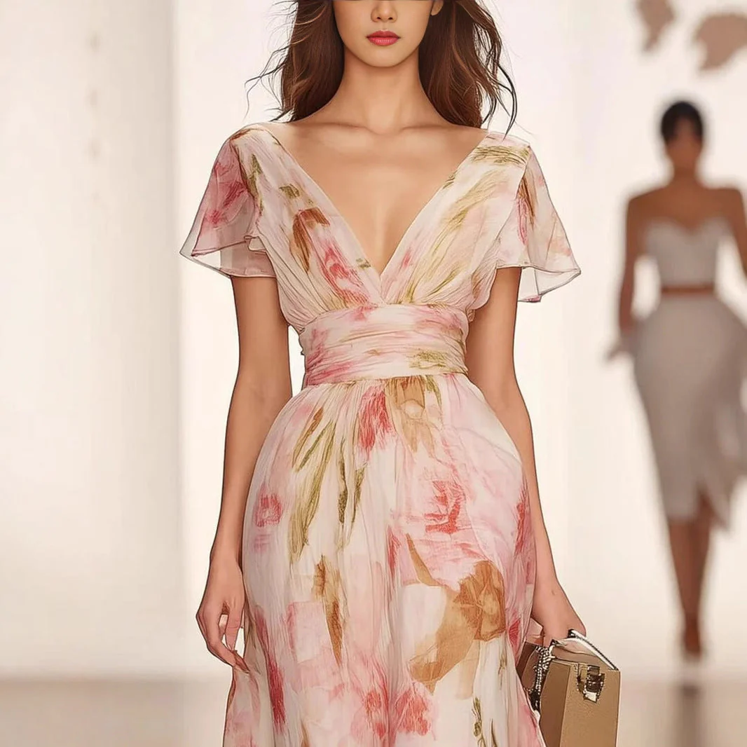 Women's Maxi Dress – Fit and Flare – Deep V-Neck – Butterfly Sleeve – Elegant Floral Print - Image 3