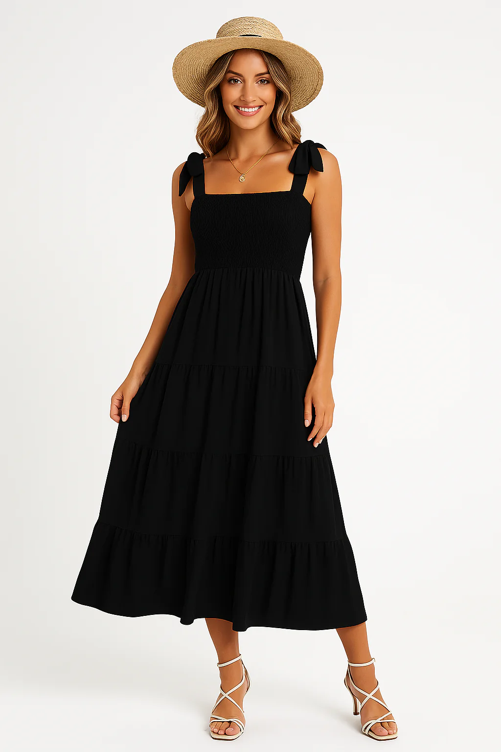 Women's Maxi Dress – Fitted Model – Tie Straps – Layered Skirt – Breathable Cotton - Image 3