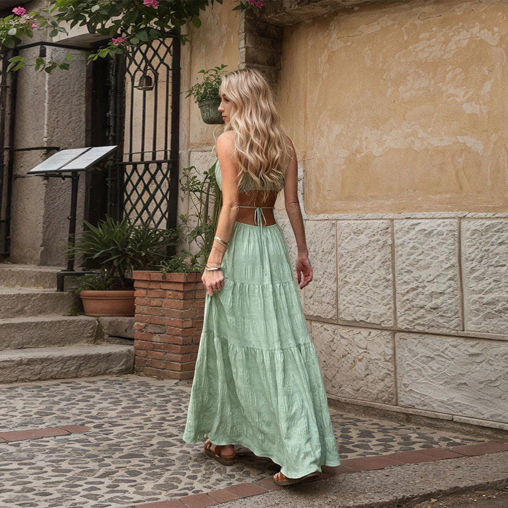 Women's Maxi Dress – Flowy Layered Model – Smocktop – Open Waist – Natural Fabric - Image 3
