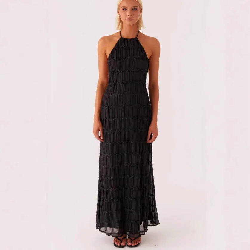 Ladies Maxi Dress – Flowy Fit – Halter Neck – Ruched Top – Lace Details - Image 6