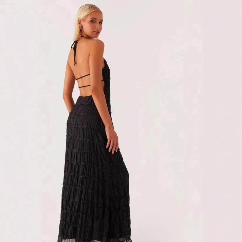 Ladies Maxi Dress – Flowy Fit – Halter Neck – Ruched Top – Lace Details - Image 7
