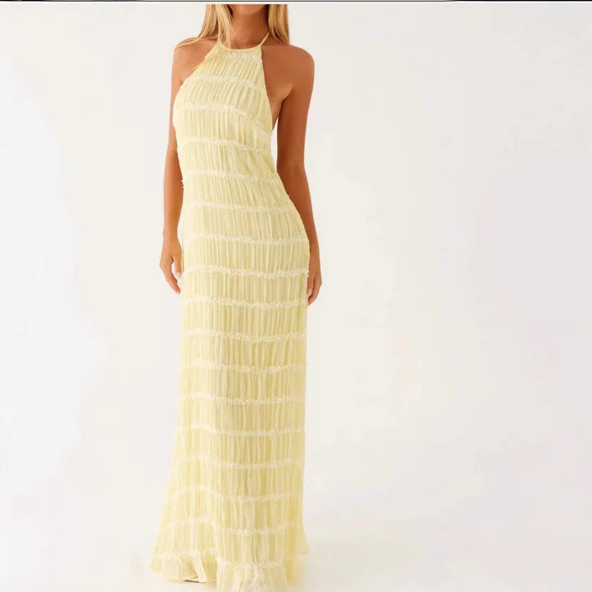 Ladies Maxi Dress – Flowy Fit – Halter Neck – Ruched Top – Lace Details - Image 8