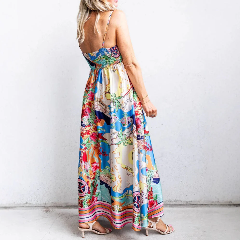 Women's Maxi Dress – Flowy Fit – High Waist – Sleeveless – Detailed Print - Image 2