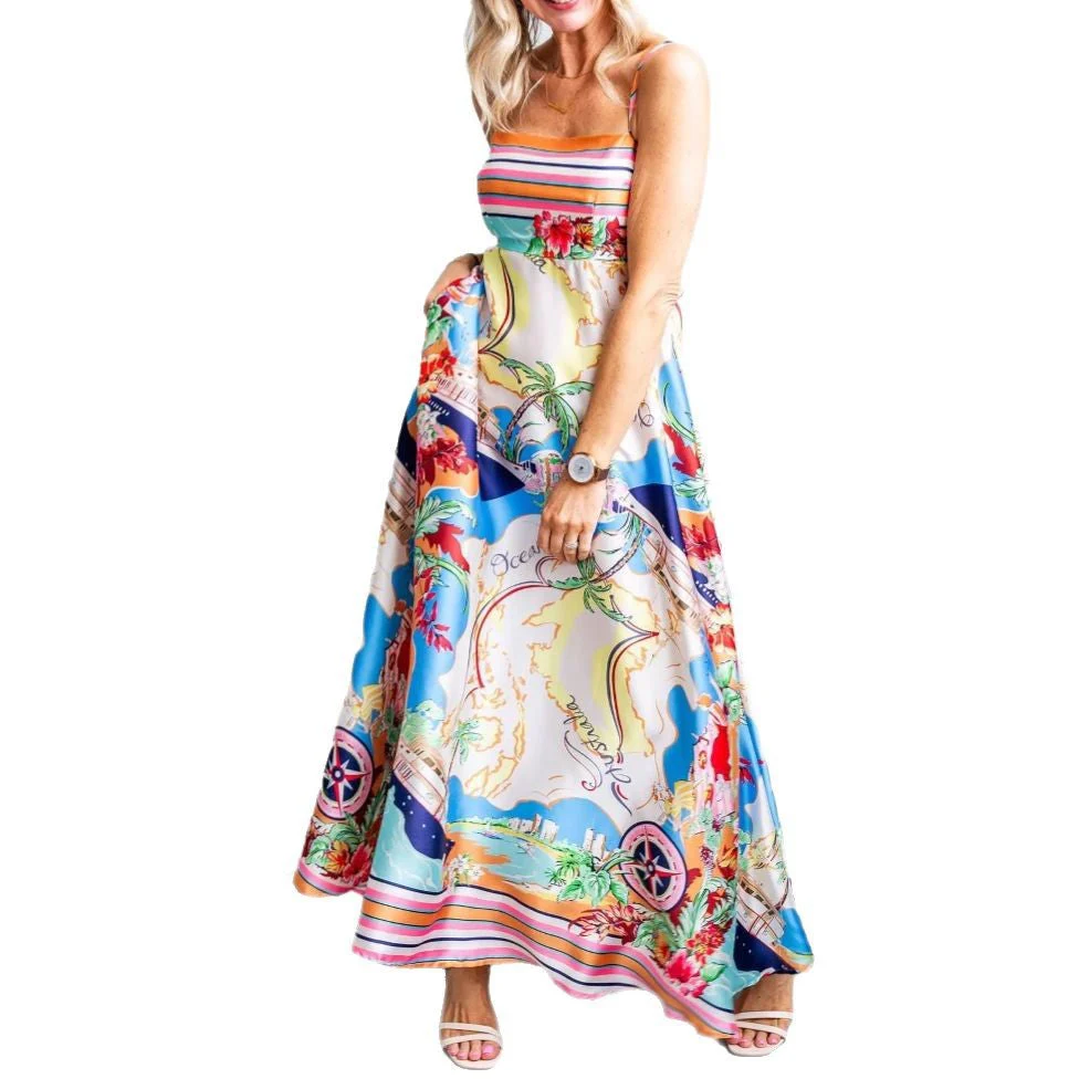 Women's Maxi Dress – Flowy Fit – High Waist – Sleeveless – Detailed Print - Image 3