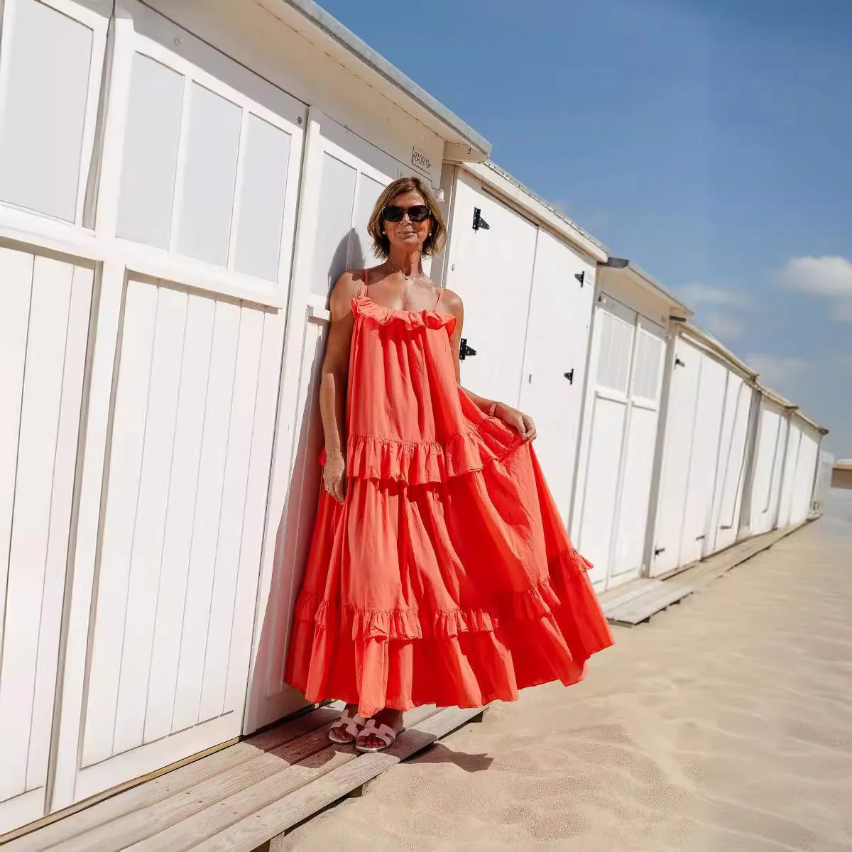 Ladies Maxi Dress – Flowy Fit – Ruffle Neckline – Layered Skirt – Spaghetti Straps - Image 3