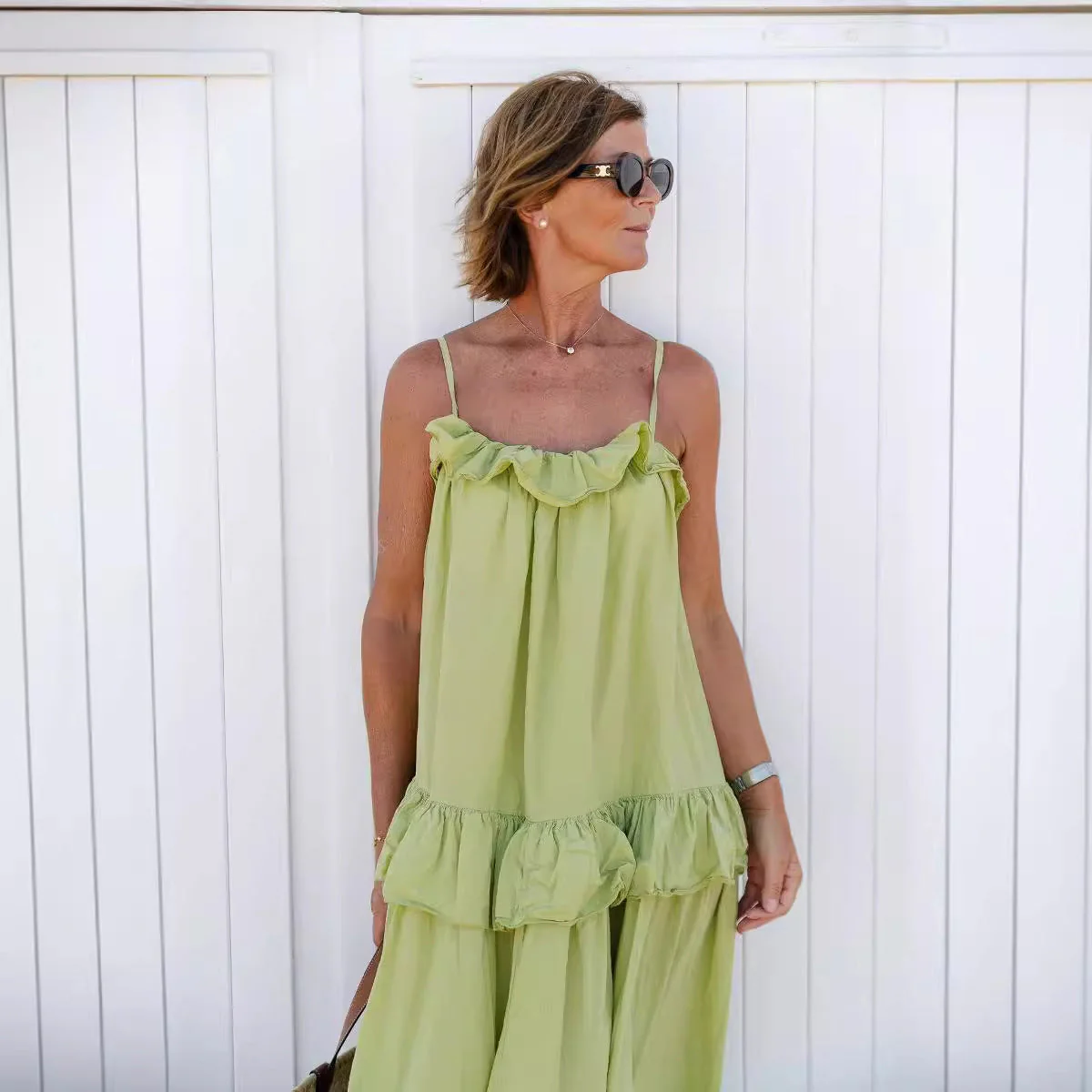 Ladies Maxi Dress – Flowy Fit – Ruffle Neckline – Layered Skirt – Spaghetti Straps - Image 4