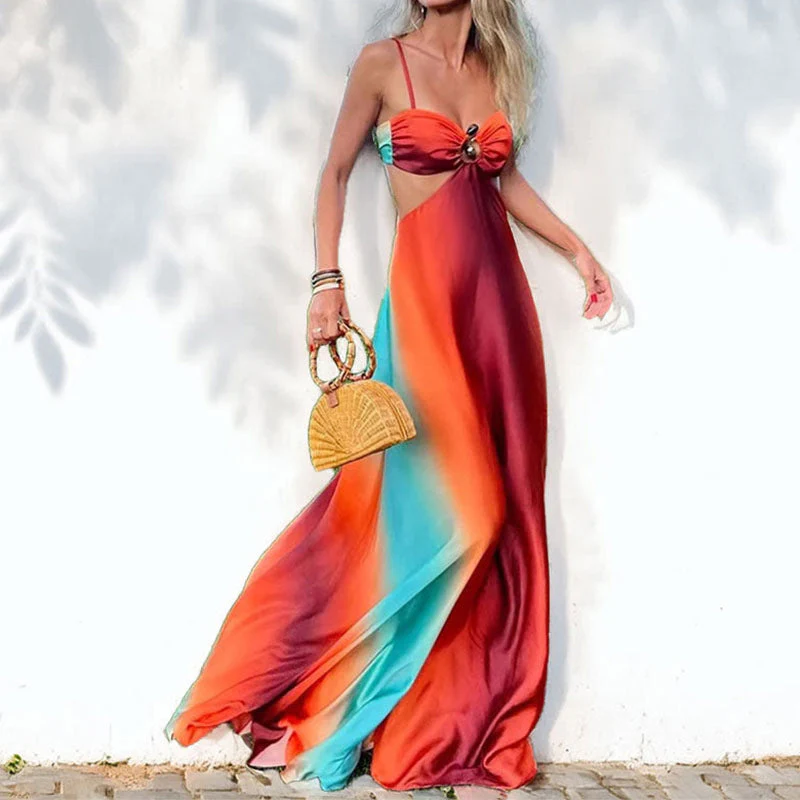 Ladies Maxi Dress – Flowy Fit – Spaghetti Straps – Ring Detail – Gradient Design - Image 2