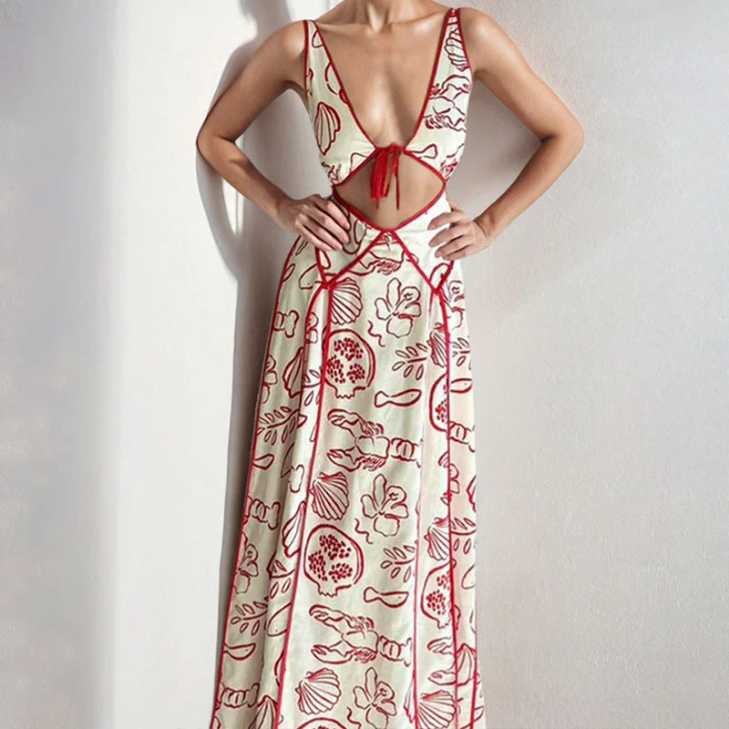 Ladies maxi dress – Flowy fit – V-neck with cutout – Spaghetti straps – Print - Image 2