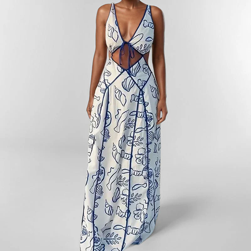 Ladies maxi dress – Flowy fit – V-neck with cutout – Spaghetti straps – Print - Image 3