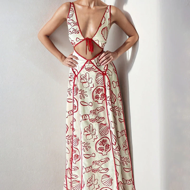 Ladies maxi dress – Flowy fit – V-neck with cutout – Spaghetti straps – Print - Image 4