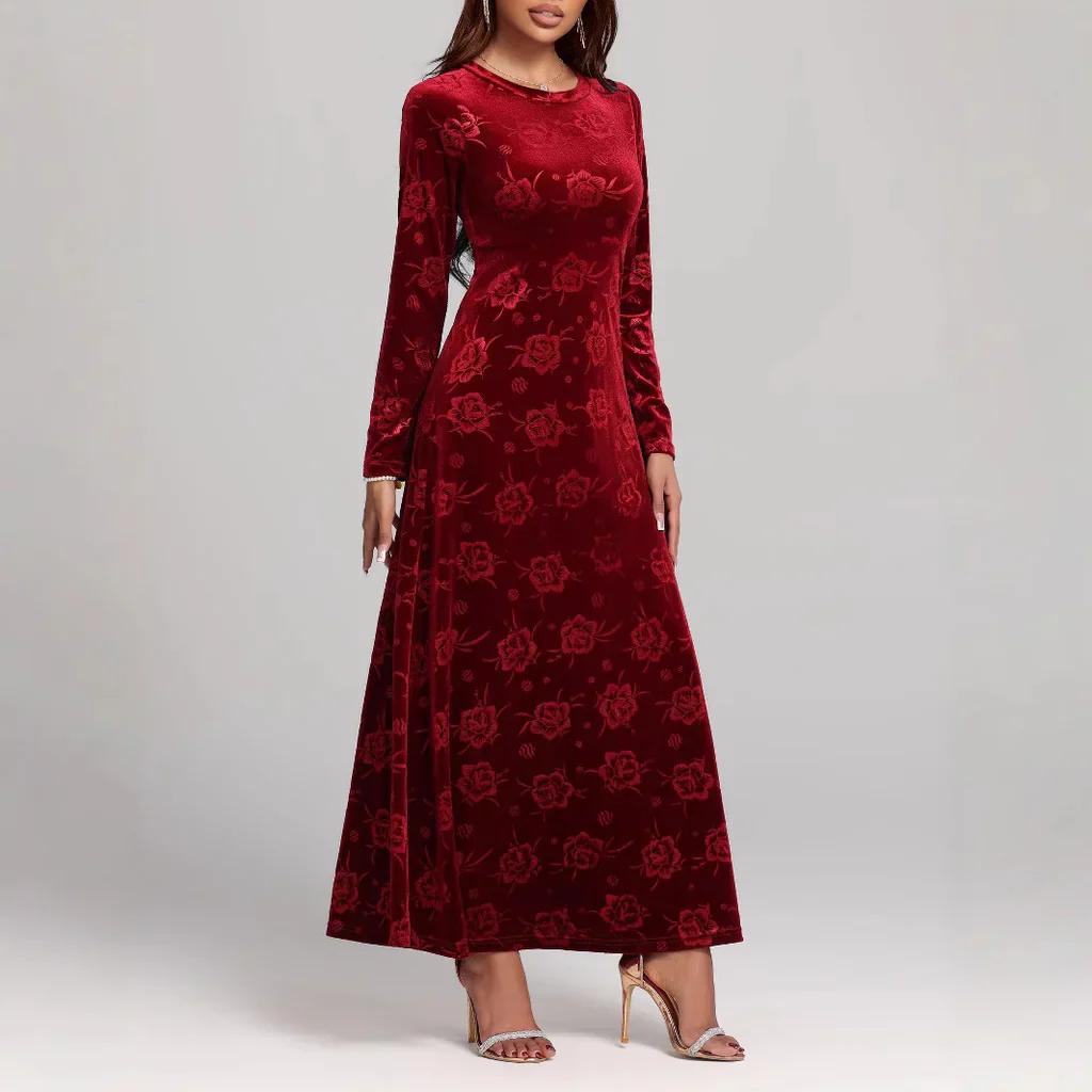 Women's Maxi Dress – Velvet A-Line – Floral Relief – Elegant Long Sleeves - Image 2