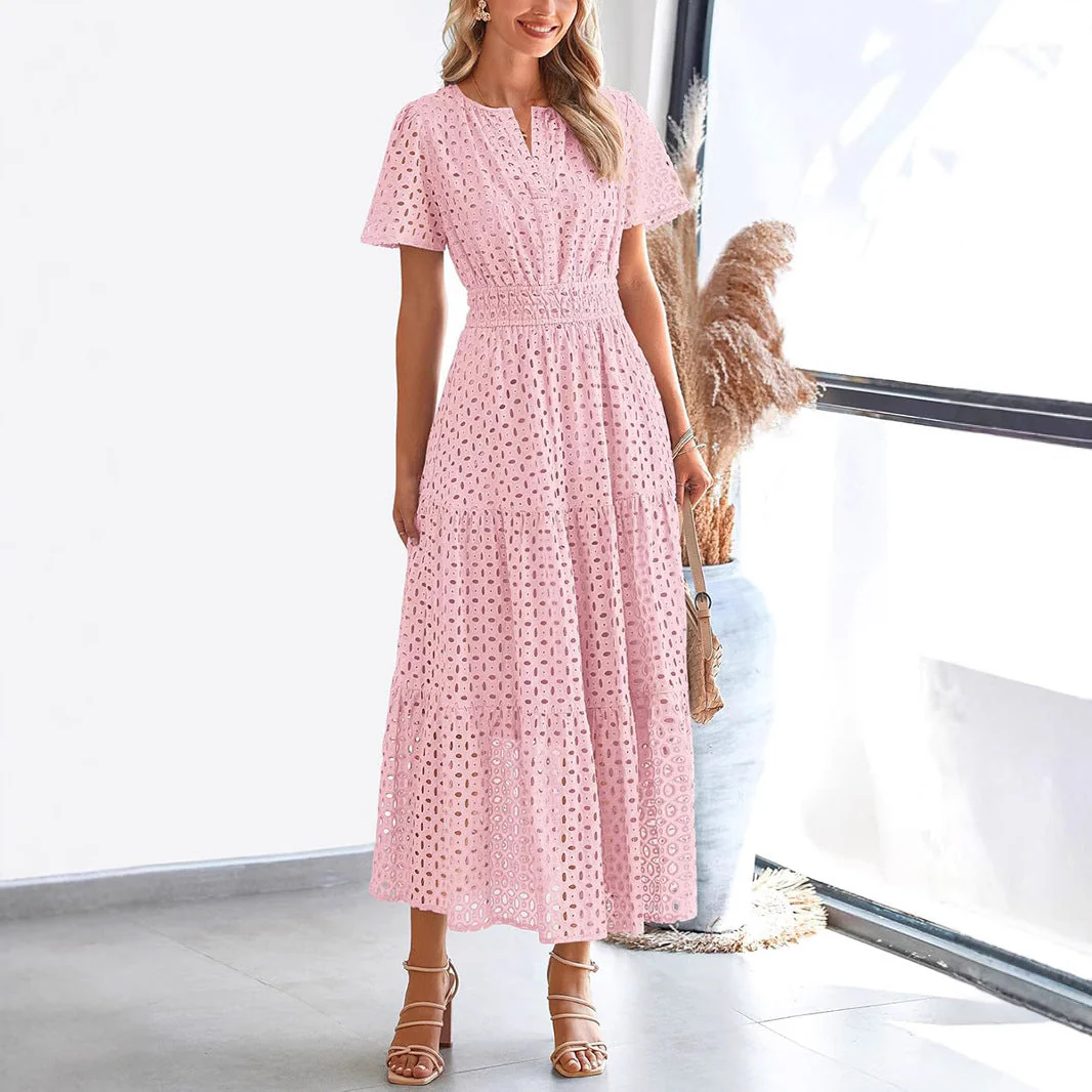 Women's Maxi Dress – Embroidered Lace – V-Neck – Short Sleeve – Loose Fit - Image 2