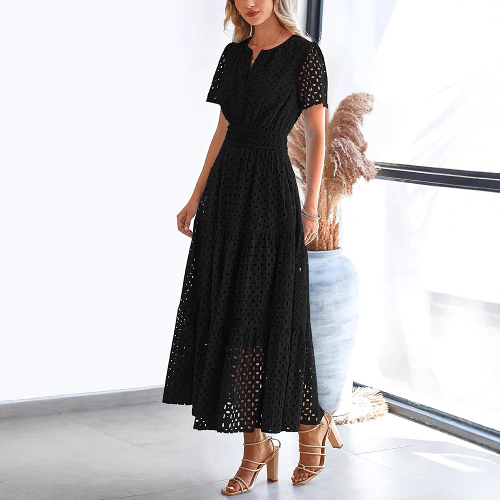 Women's Maxi Dress – Embroidered Lace – V-Neck – Short Sleeve – Loose Fit - Image 3