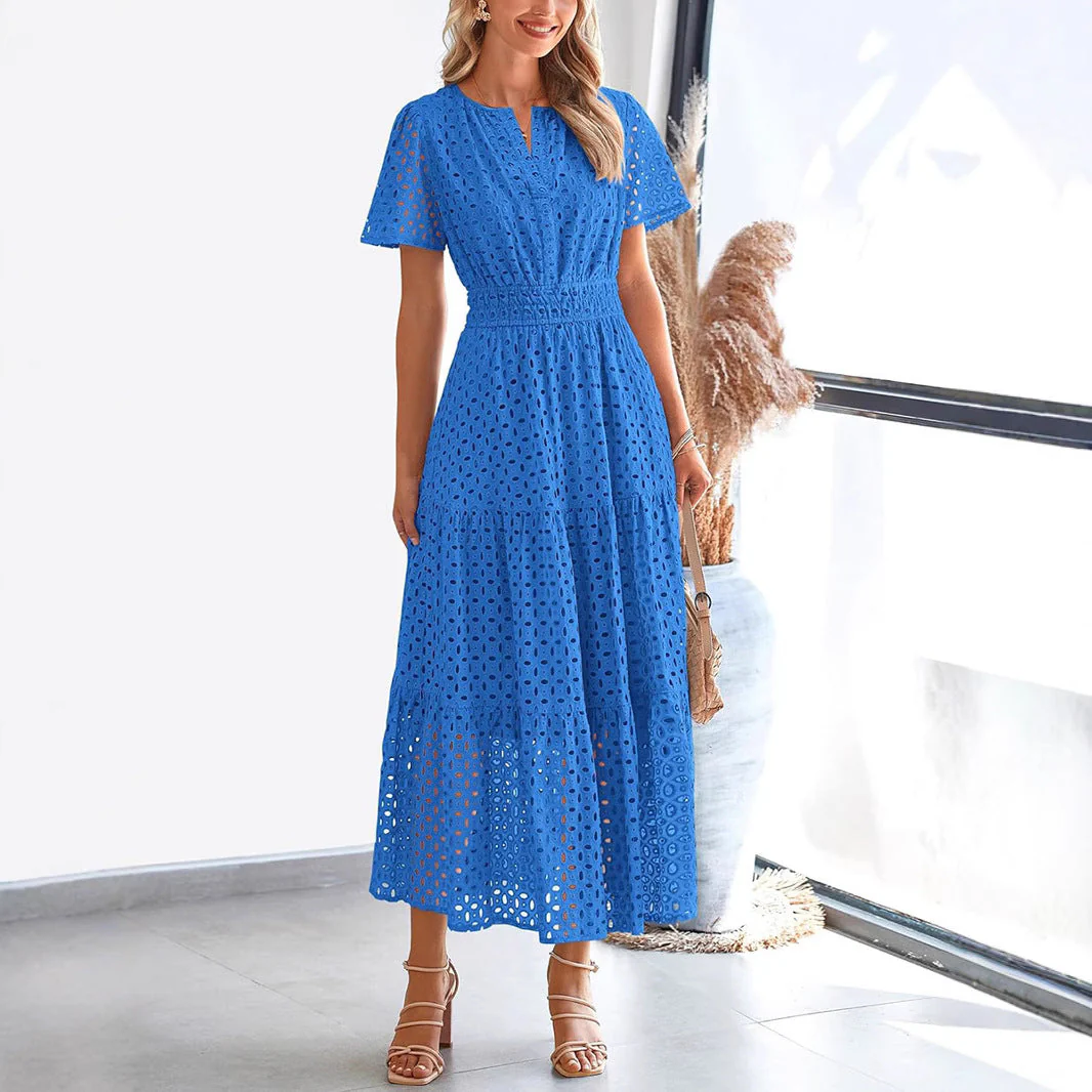 Women's Maxi Dress – Embroidered Lace – V-Neck – Short Sleeve – Loose Fit - Image 4