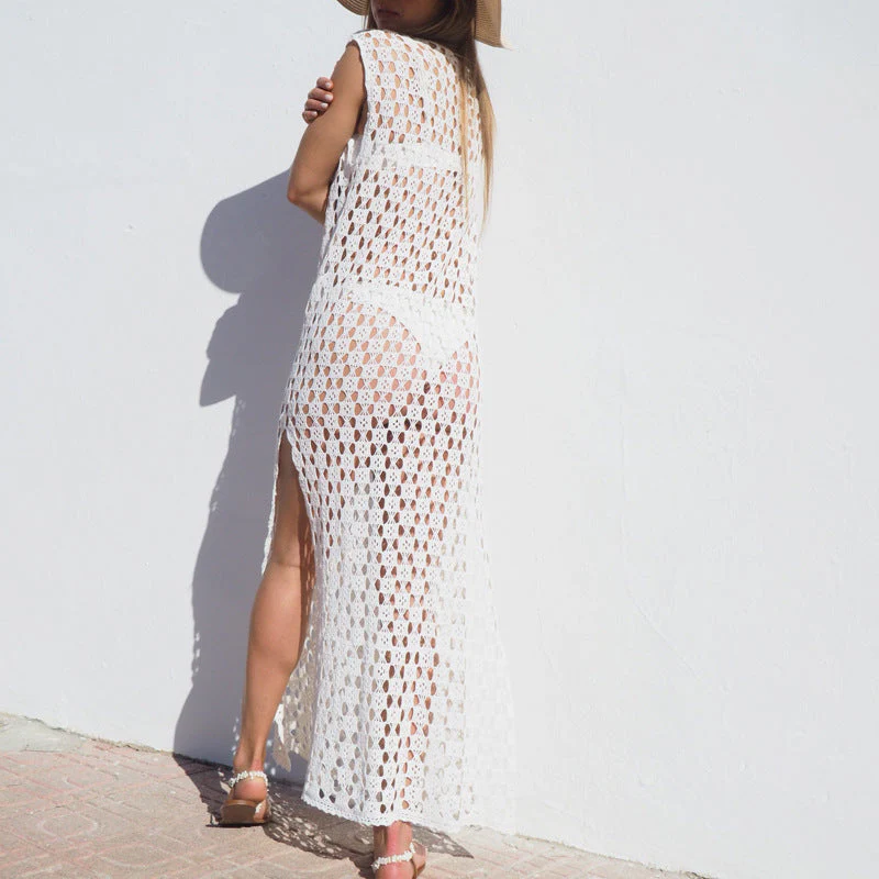 Women's Maxi Dress – Crocheted Design – Sleeveless – Side Slit – Airy Loose Fit - Image 3