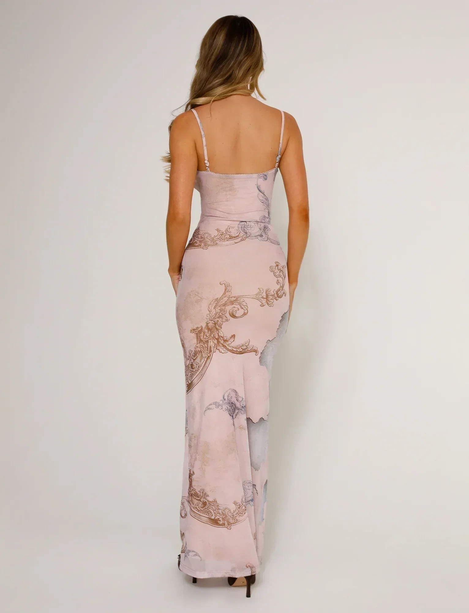 Women's Maxi Dress – Fitted Model – V-Neck – Thin Straps – Lace and Print Details - Image 2