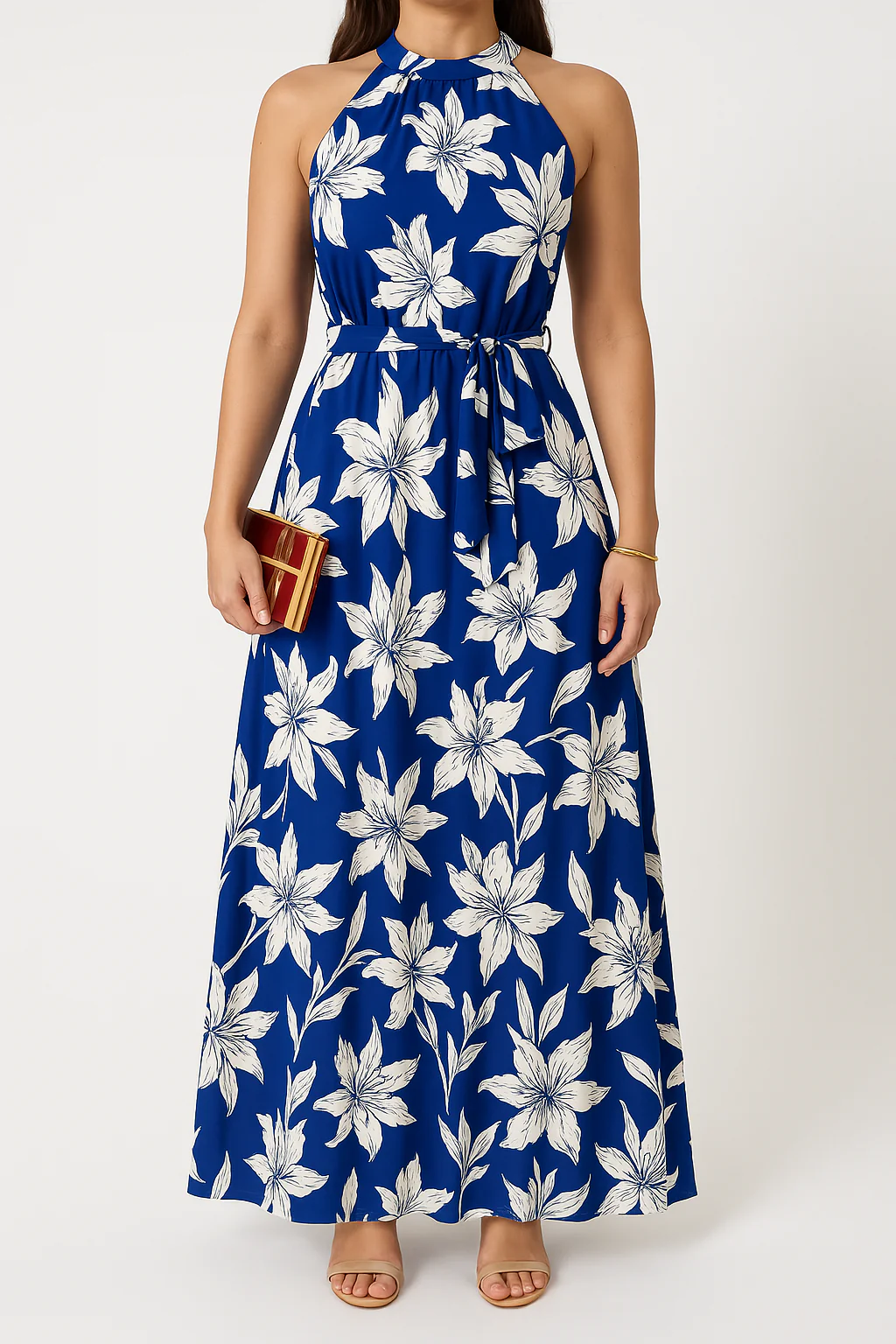 Ladies maxi dress – Halter neck – Floral print – Waist belt – Ruffles – Linen look - Image 2